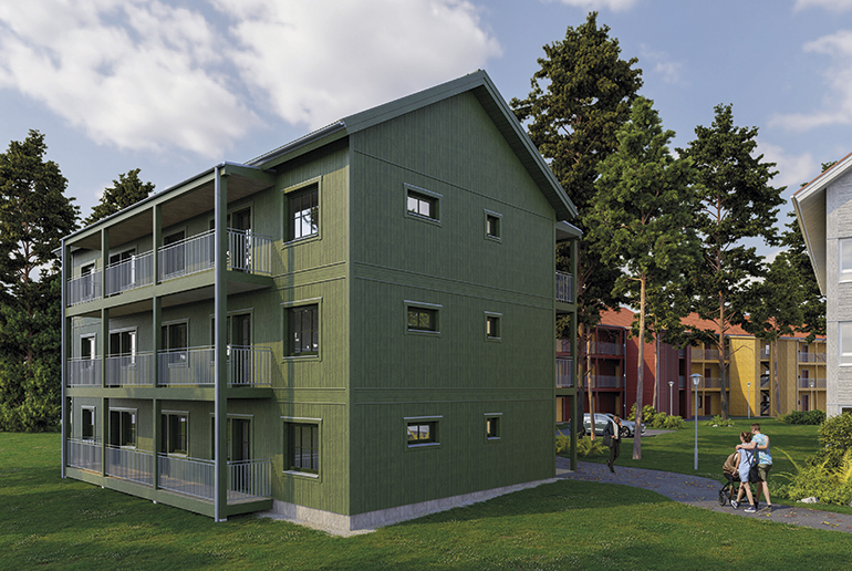 Arkitektbild över nya husen vid Enålundsområdet